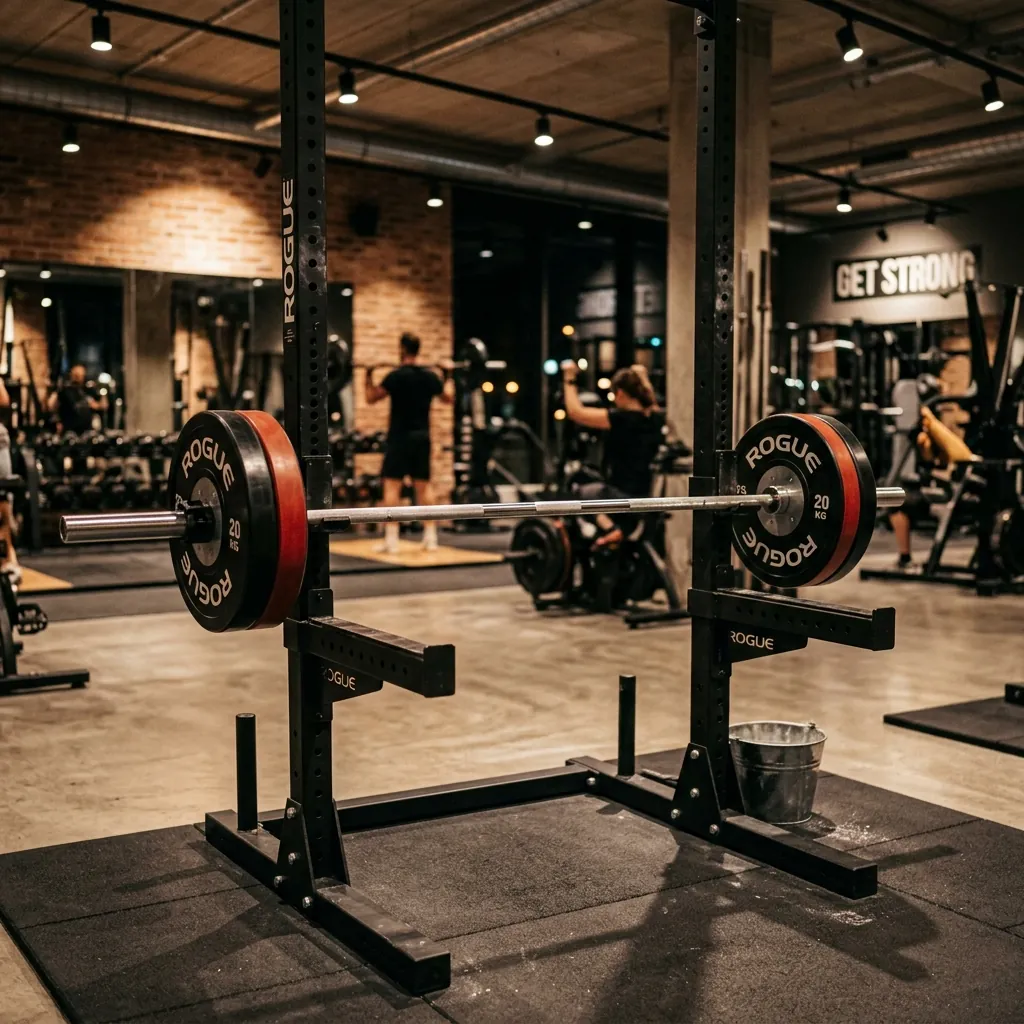 Photographie cinématique d'une salle de sport moderne avec une barre sur un rack de squat